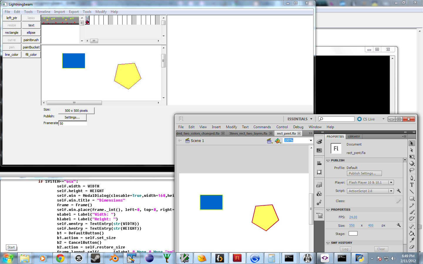 Screenshot of Lightningbeam and Flash showing the same file open in both