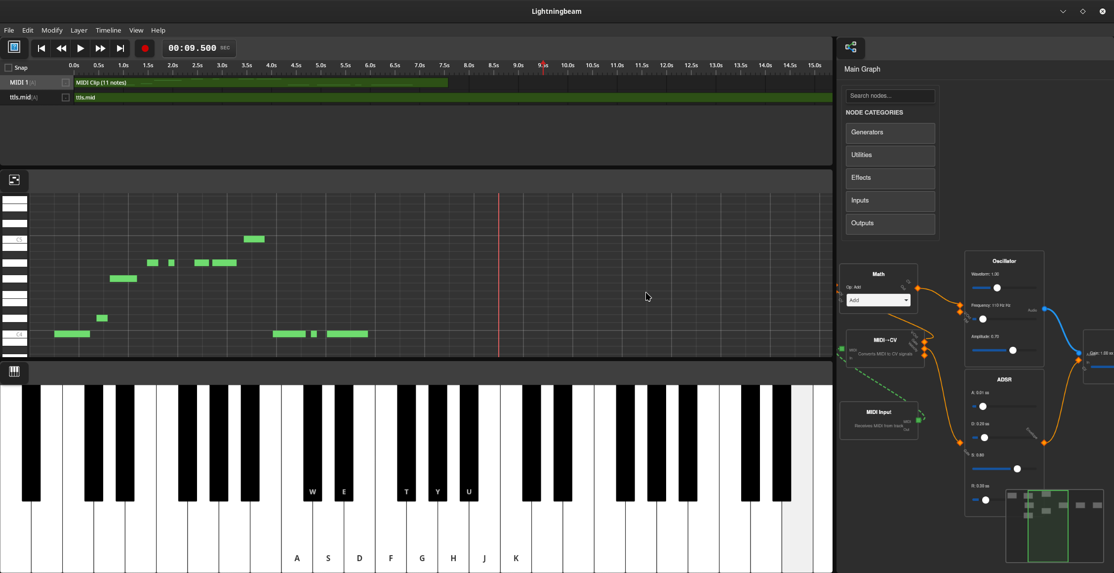 Screenshot of Lightningbeam's music editing functionality